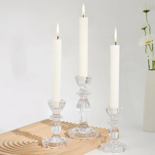 Vista 9 de Juego de 3 portavelas de cristal, diseño de rayas ámbar para centro de mesa, decoración del hogar, boda y fiesta
