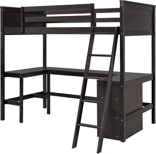 Vista 9 de Harper & Bright Designs Cama tipo loft individual con escritorio y 3 estantes, marco de cama tipo loft de madera maciza con escalera en ángulo