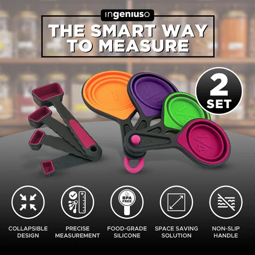 Vista 2 de Tazas medidoras plegables y cucharas anidables, silicona ajustable para cocinar, utilizada para artículos de cocina líquidos y secos, control