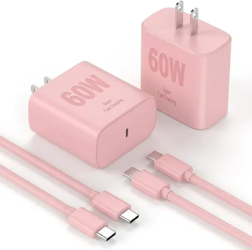 Vista 10 de Cargador súper rápido de 60 W, cargador Samsung para teléfono Android, paquete de 2 cargadores USB C bloque de carga rápida y cable USB C de 10 pies