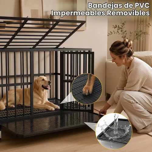 Vista 3 de Jaula para perros de acero resistente de 42 pulgadas a prueba de escape, jaula de doble puerta interior para alta ansiedad, bandeja extraíble