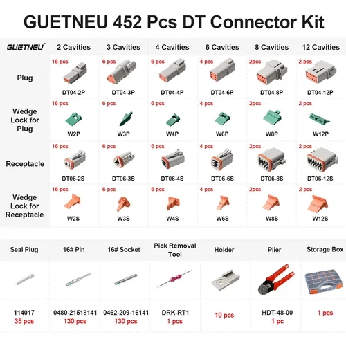 Vista 2 de kit de conectores DT Deutsch gris de 452 piezas - Conectores impermeables (2, 3, 4, 6, 8, 12 pines) con herramientas de extracción de contactos