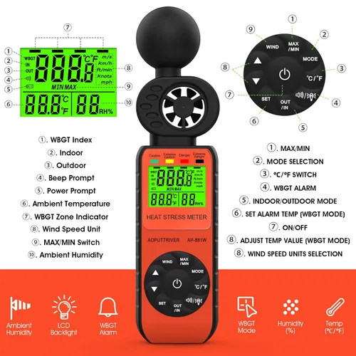 Vista 3 de Anemómetro medidor de estrés por calor, termómetro de globo de bombilla húmeda para exteriores WBGT para velocidad del viento/humedad/alarma WBGT