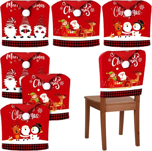 Vista 9 de Ganeen 6 Piezas Fundas Navideñas para Sillas Cuadros Buffalo Fundas para Sillas de Comedor Sombrero de Papá Noel Zapatos Fundas Deslizantes