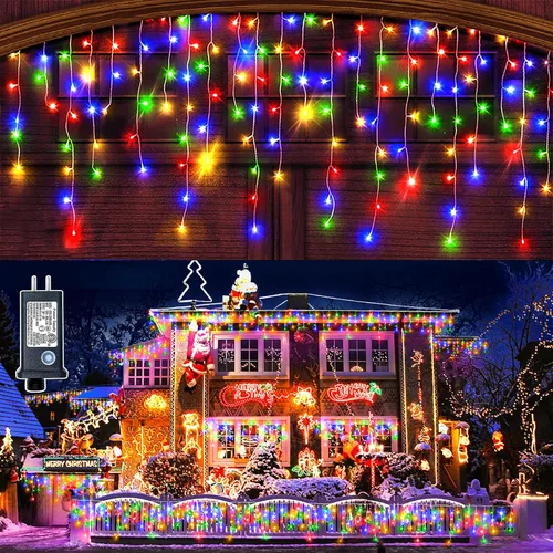 Vista 10 de Luces de Navidad de carámbano para exteriores, 66 pies, 640 luces LED de Navidad azules y blancas, 8 modos con 120 gotas, luz de carámbano