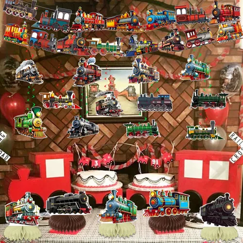 Vista 7 de Decoraciones retro para fiesta de tren de vapor, suministros de decoración de fiesta de cumpleaños, incluye pancarta de feliz cumpleaños, remolinos