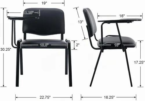 Vista 3 de HNY Juego de 5 sillas negras con brazo para tableta, cómodas de poliuretano, para oficina, sala de espera, apilables, sillas de recepción con mesa
