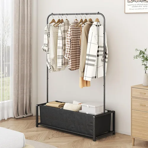 Vista 3 de SUOERNUO - Perchero de ropa para colgar con estante metálico inferior resistente y portátil para secar abrigos y camisas, color negro (bolsa negra)