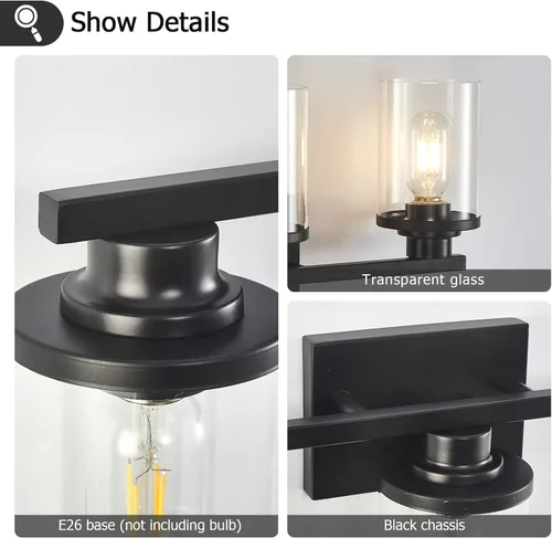 Vista 5 de 3 Luces Negras para Tocador de Baño con Pantalla de Vidrio Transparente, Apliques de Pared Modernos de Iluminación para Baño Sobre Espejo