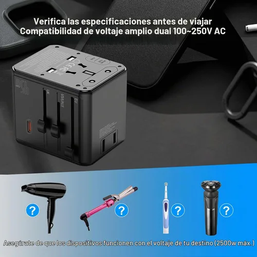 Vista 8 de Adaptador de viaje universal, convertidor de enchufe de alimentación internacional con cargador PD de 45 W, soporte de 2500 W, adaptador de CA todo