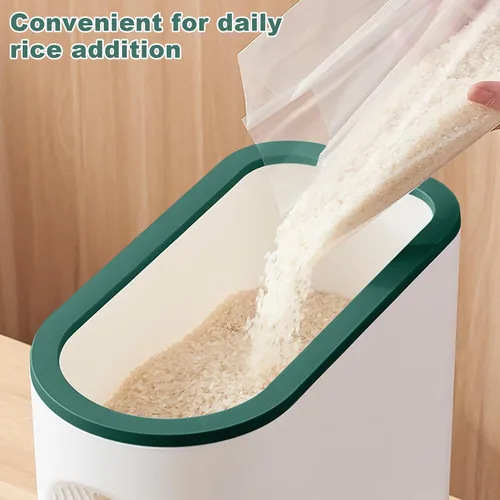 Vista 3 de LUOKER Dispensador de arroz, almacenamiento de arroz de 25 libras con taza medidora, recipiente de arroz blanco y verde con un solo toque