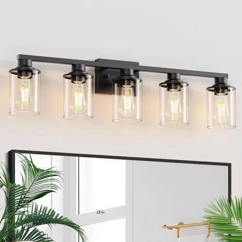 Vista 17 de L LOHAS LED Lámparas de baño negras de 2 luces, accesorios de iluminación modernos sobre espejo con pantalla de vidrio transparente, luces