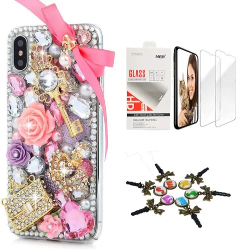 Vista 12 de Sparkle Funda compatible con iPhone 12 – Elegante – 3D hecha a mano con lazo y corona de lazo para llaves, diseño de rosas y diamantes de imitación