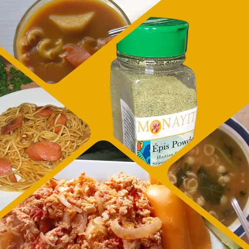 Vista 8 de Monayiti Epis Haitian Style Seasoning 14oz (400g). Condimentos en polvo. Mezcla de perejil, cebolla, ajo, base de pollo, sal, especias. No vegano.