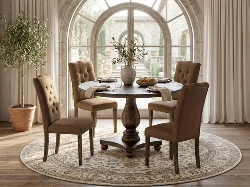 Vista 2 de East West Furniture I2EL5-718 - Juego de mesa de comedor de 5 piezas, incluye una mesa de comedor redonda con pedestal y 4 sillas tapizadas de tela