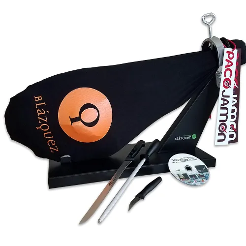 Vista 2 de Jamón Ibérico Kit Profesional, 16-17 Libras, 2 Años de Curación, 50% Raza Ibérica, 40-50 Porciones + Jamonero Profesional + Juego de Cuchillos ARCOS