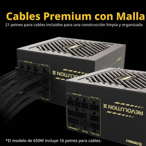 Vista 4 de ENERMAX Revolution III 850 - Fuente de alimentación PC totalmente modular - 850 vatios - 80 Plus Gold - 600 W 12V-2x6 Conector - 100% Capacitores