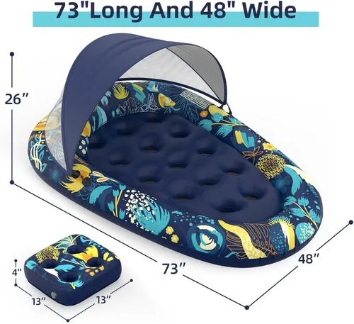 Vista 3 de Sunikko X Flotadores de piscina 3 en 1 con soporte para toldo, flotadores grandes de 73 x 48 pulgadas para adultos, resistente, tumbona inflable
