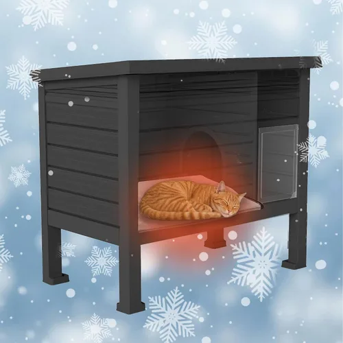 Vista 10 de DRATO Casa para Gatos de Exterior, Refugio para Gatos Ferales Resistente a la Intemperie con Piso Elevado, Cálida, Material PP, Casa Exterior