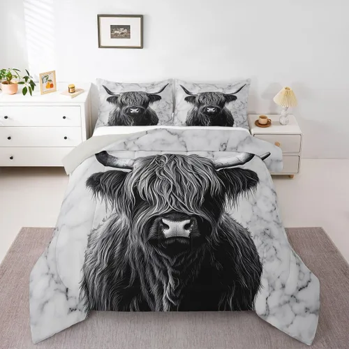 Vista 33 de Ropa de cama con estampado de vaca marrón tamaño individual, juego de edredón rústico de piel de vaca con calavera de vaca, relleno de edredón
