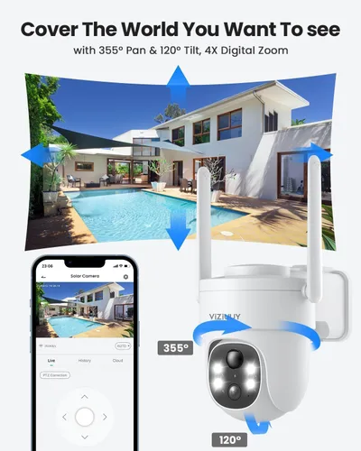 Vista 3 de VIZIUUY Cámaras de Seguridad Solar de 5MP Inalámbricas para Exteriores, Cámara de Seguridad para Exteriores WIFI6, Cámara PTZ de 360° Alimentada por