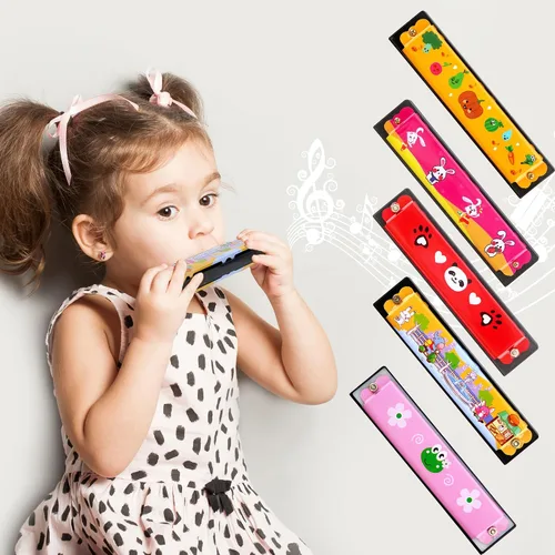 Vista 3 de 12 piezas de armónica de juguete para niños, armónica de dibujos animados, 16 agujeros, instrumento musical, armónicas para niños y niñas