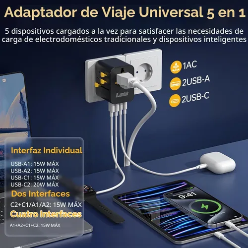 Vista 2 de Adaptador de viaje universal en todo el mundo con 2 USB-A y 2 USB-C y 1 Negro