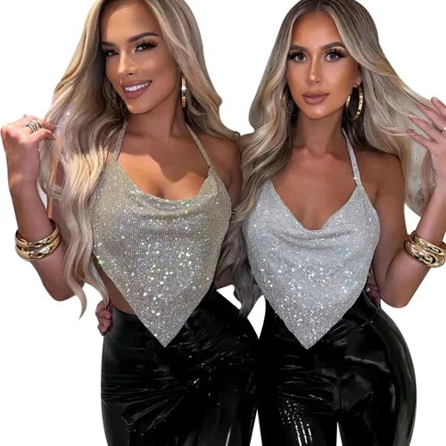 Vista 2 de RARITYUS Camiseta corta sexy con diamantes de imitación brillantes y sin espalda para mujer, cuello redondo, con cadena, camiseta sin mangas