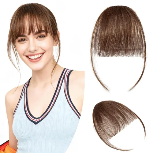 Vista 12 de Hairro Flequillo con clip, de cabello humano, fleco francés, con flecos, parte frontal plana, flequillo lateral, clip con cortina de sien, clip