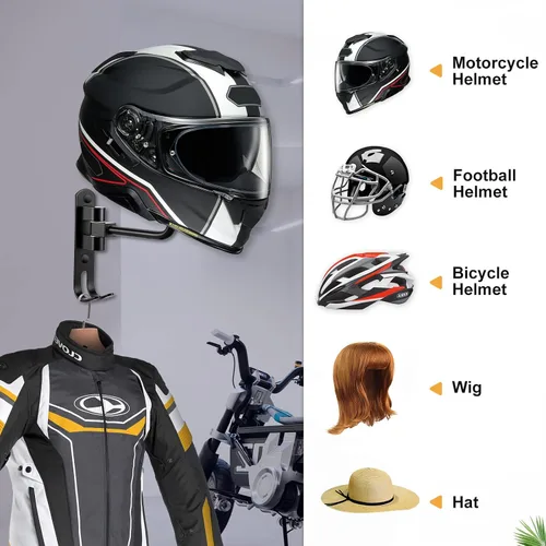 Vista 5 de Soporte para Casco de Motocicleta (Paquete de 2) de Montaje en Pared, Perchero para Casco con Rotación de 180° con Gancho Doble para Casco