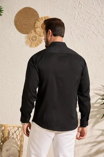 Vista 3 de Camisas de lino para hombre, casual, de manga larga, con botones, ajuste regular, cuello en contraste, con bolsillo
