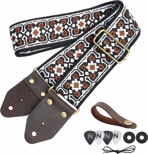 Vista 37 de Nefelibata Correa de guitarra, correas de guitarra de algodón bordado jacquard con extremos de cuero de caballo loco para bajo, eléctrico