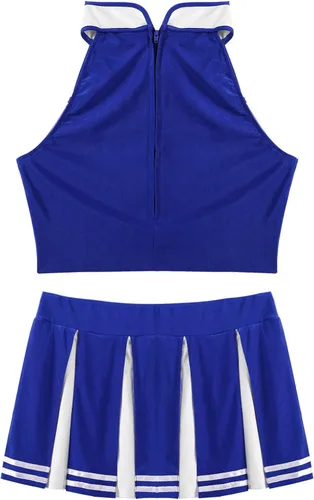 Vista 4 de Disfraz de cosplay para mujer, cuello alto, top corto con minifaldas plisadas, conjunto de traje de animadora