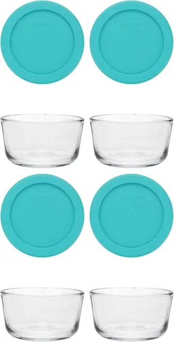 Vista 2 de Pyrex Plato redondo de almacenamiento, 1 taza, transparente con tapa azul, paquete de 6 recipientes