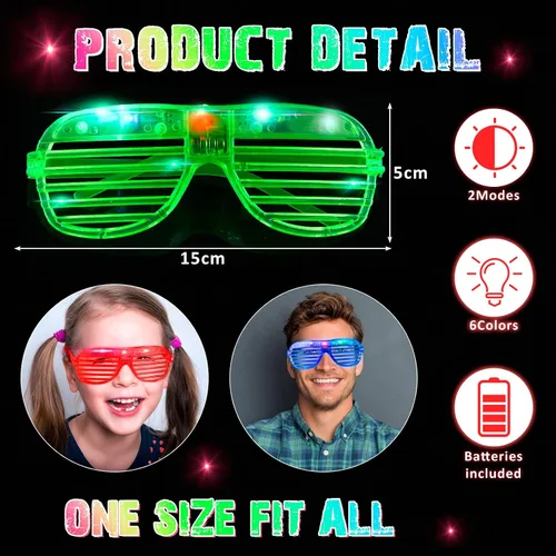 Vista 3 de 72 pares de lentes LED de 6 colores iluminados, persianas que brillan en la oscuridad, gafas de sol intermitentes de neón para adultos y niños que