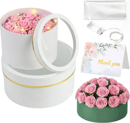 Vista 9 de Nuenen 2 cajas de regalo redondas con tapas, luz LED de espuma floral, tarjetas de felicitación florales, arreglos florales, suministros para San