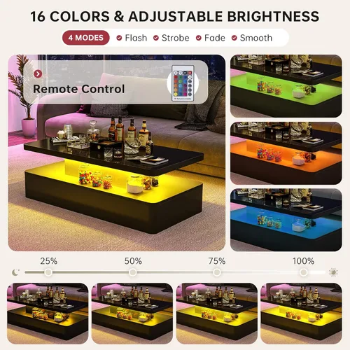 Vista 3 de oneinmil Mesa de centro LED moderna, mesas de sala de estar de 40 pulgadas con luces LED de 16 colores, diseño de doble capa, elegantes mesas