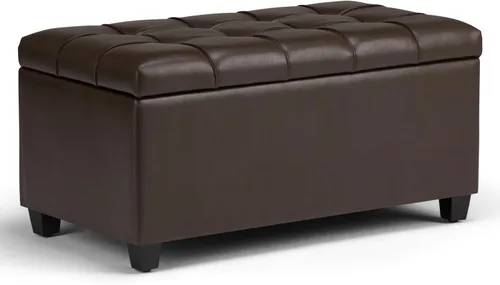 Vista 13 de SIMPLIHOME - Otomana Shiloh de cuero vegano de 48 pulgadas de ancho en color marrón castaño Otomana de transición con tapa capitoné y elevable