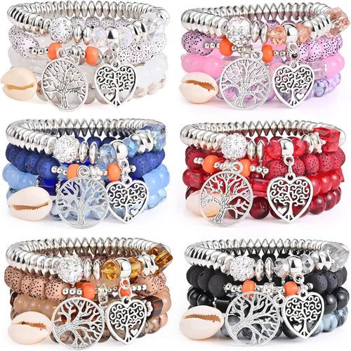 Vista 17 de Juego de pulseras bohemias para mujer, 6 juegos de pulseras elásticas apilables multicolor, joyería bohemia para mujeres, pulseras hippie, joyería