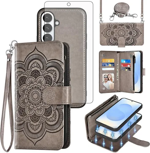 Vista 23 de Asuwish Funda de teléfono para Samsung Galaxy S26 5G con cremallera, magnética, desmontable, con protector de pantalla de vidrio templado, correa