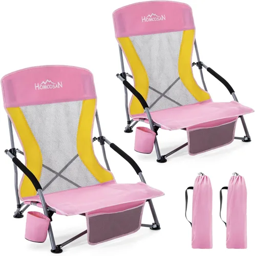 Vista 16 de Homcosan Silla de playa portátil baja plegable con paraguas desmontable, silla de campamento ligera para adultos con portavasos y bolsillo