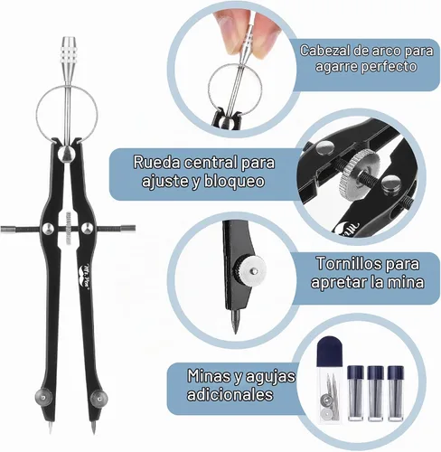 Vista 3 de Mr. Pen- Professional Compass for Geometry, Extra Lead Negro