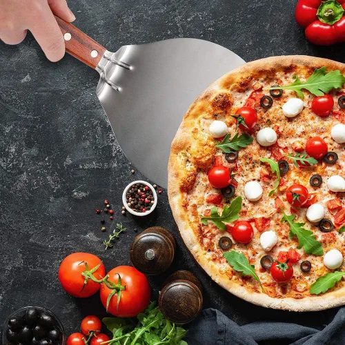 Vista 9 de IUAQDP Espátula de pizza de acero inoxidable, pala de cáscara, elevador de pasteles, mango de madera, soporte para placa de hornear, pizza casera