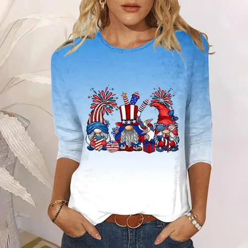 Vista 2 de SMIDOW Camiseta del 4 de julio para mujer 2023 a la moda, linda camiseta de manga 34 con estampado de gnomo, camiseta gráfica del Día