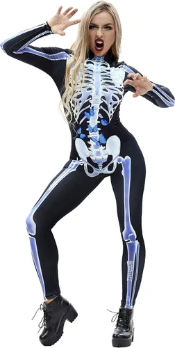 Vista 11 de Honeystore - Enterizo para disfraz de esqueleto para mujer, para Halloween, malla entera, leotardo, para cosplay Color06