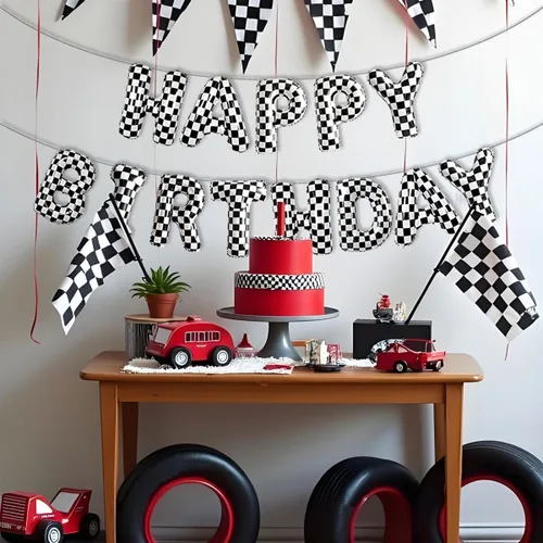 Vista 2 de Decoraciones de fiesta de cumpleaños de coche de carreras, pancarta de globos de feliz cumpleaños a cuadros en blanco y negro