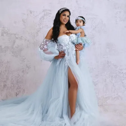 Vista 5 de FONGYUSHUN Vestido de maternidad de tul con apliques para sesión de fotos, manga larga hinchada, lencería nupcial, vestido de embarazo, vestido