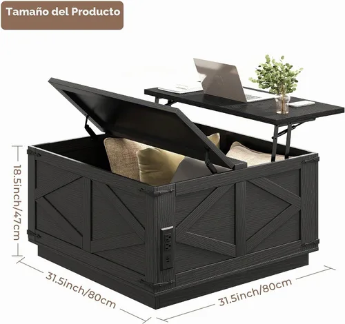 Vista 2 de Jocoevol Mesa auxiliar con tapa elevable, mesa central cuadrada de madera con iluminación LED, estación de carga USB-C y compartimento