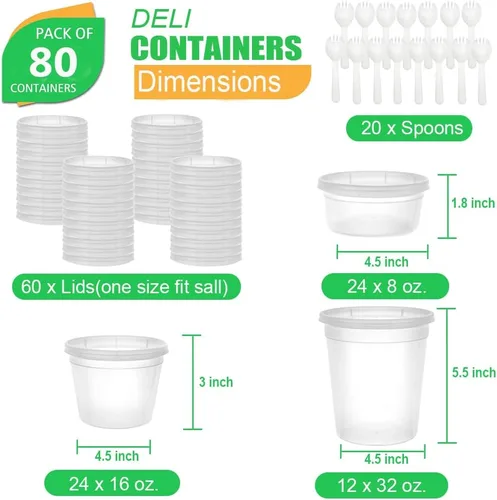 Vista 9 de [80 juegos combinados] Contenedores de almacenamiento de alimentos con tapas, 8 oz, 16 oz, 32 oz, recipientes de plástico para delicatessen