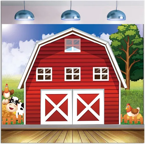 Vista 8 de Telón de fondo de fotografía de granja de dibujos animados de 7 x 5 pies, animales rústicos, granero rojo, fondo de fotos para niños, decoración